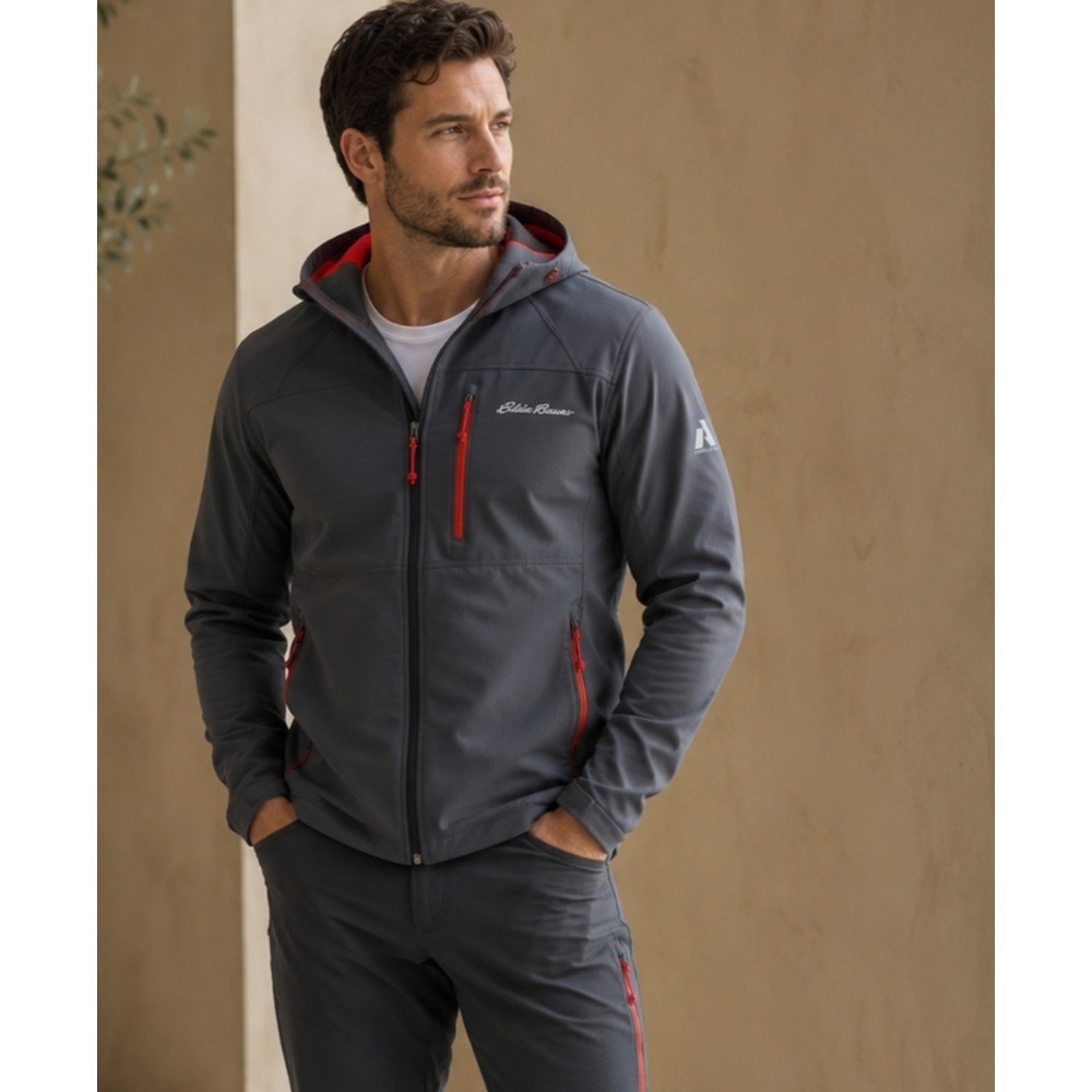 Eddie Bauer First Ascent Mens Gray Red Softshell Hooded Jacket Full Zip Large